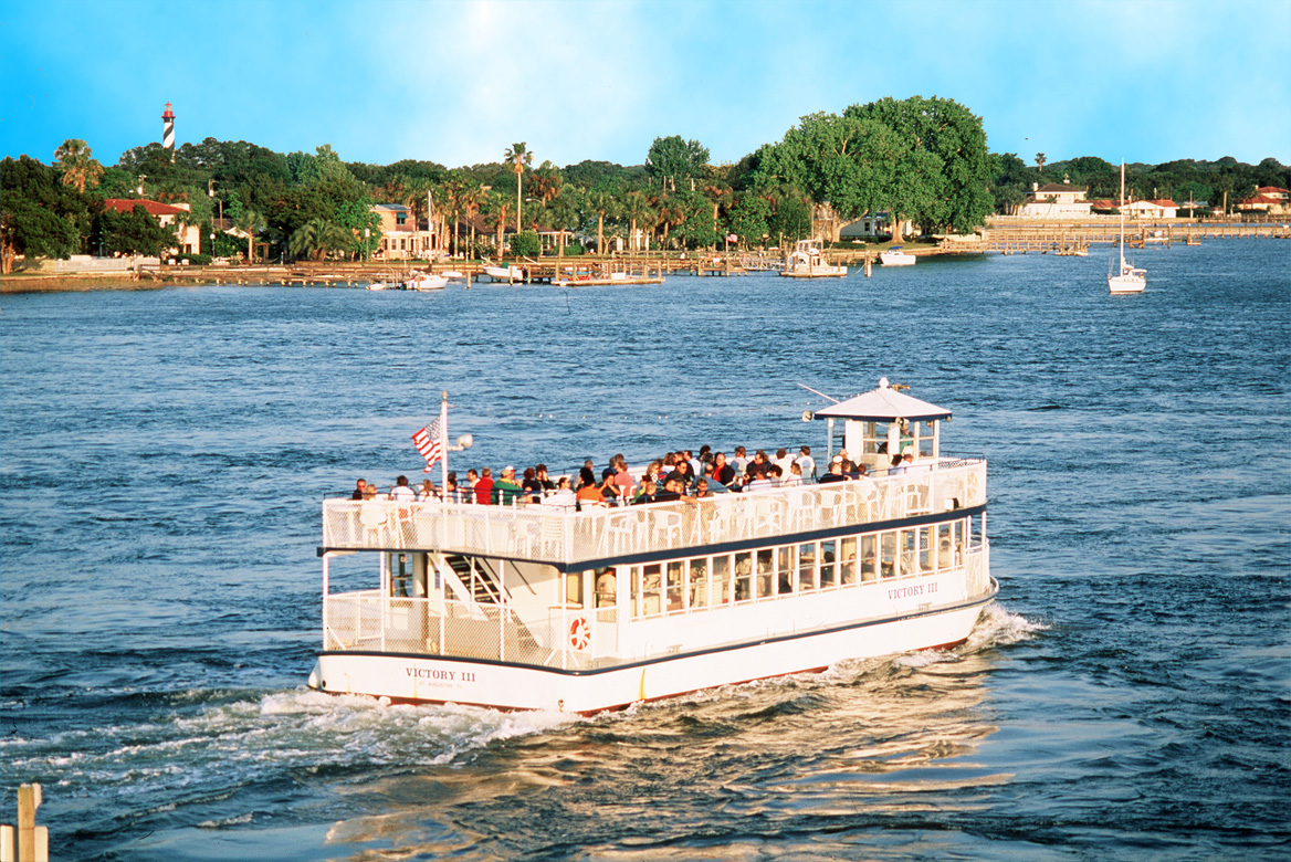 Victory III Scenic Cruise of St. Augustine Victory III sightseeing boat on a Scenic Cruise of St. Augustine traveling through Matanzas Bay in St. Augustine Florida