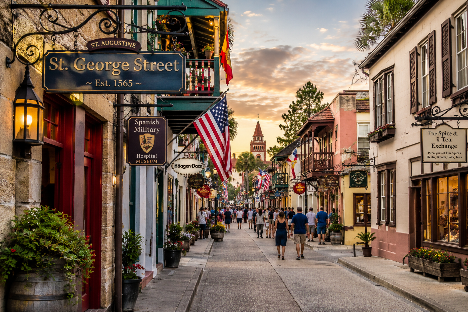 Historic St. George Street in St. Augustine Florida Visitors walking along historic St. George Street in downtown St. Augustine Florida surrounded by shops restaurants and colonial architecture