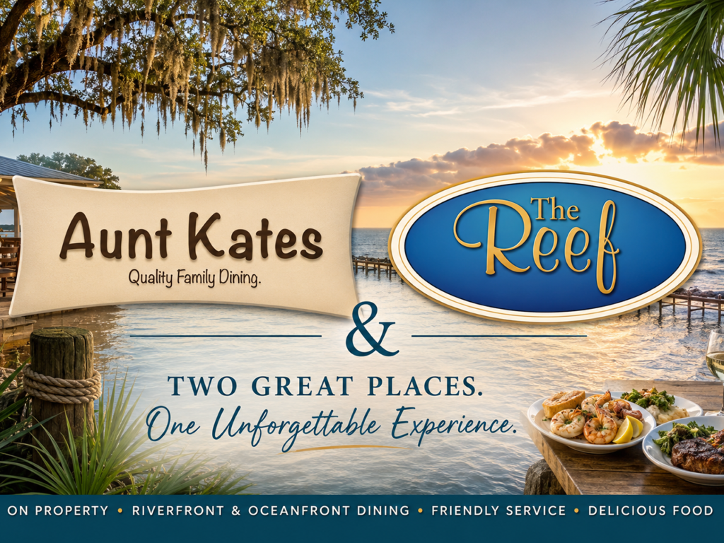 Aunt Kate's Restaurant and The Reef Restaurant, two waterfront dining destinations at North Beach Camp Resort in St. Augustine, Florida.