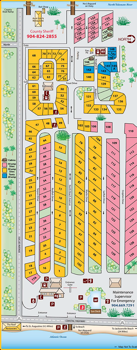 Campground map of North Beach Camp Resort showing RV sites, tent sites, cabins, roads, facilities, and park layout in St. Augustine, Florida.